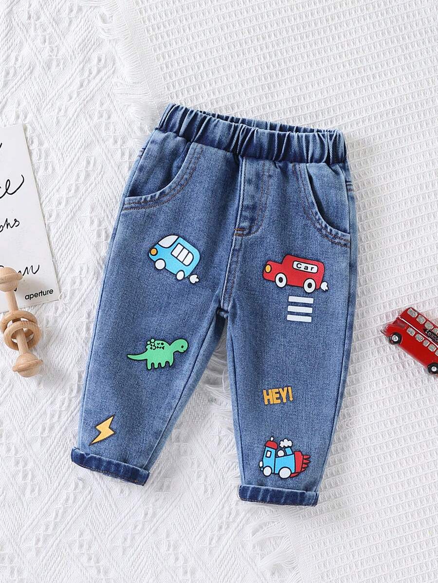 Quần jean denim bé trai 6 tháng - 3 tuổi, họa tiết số, ô tô và khủng long, cạp chun, mềm mại, mặc thường ngày phong cách casual - Rửa nhẹ - Xem 1