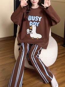 2pcs Women's Pajamas Loungewear Set, Round Neck Couple Style Pullover Cute Goose Print Long Sleeve Pants, Comfortable For Home Wear - Brown - View 2