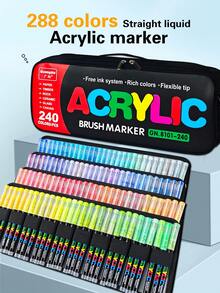 12pcs/Pack Solid Color Liquid Acrylic Markers, Straight Tip Design, Suitable For Rock Painting, Canvas, Tires, Wood, Metal, Plastic, Fabric, Glass, Ceramic And DIY Crafts. Quick-Drying Water-Based Marker Set, Total 288 Colors - Straight Liquid Marker - View 1