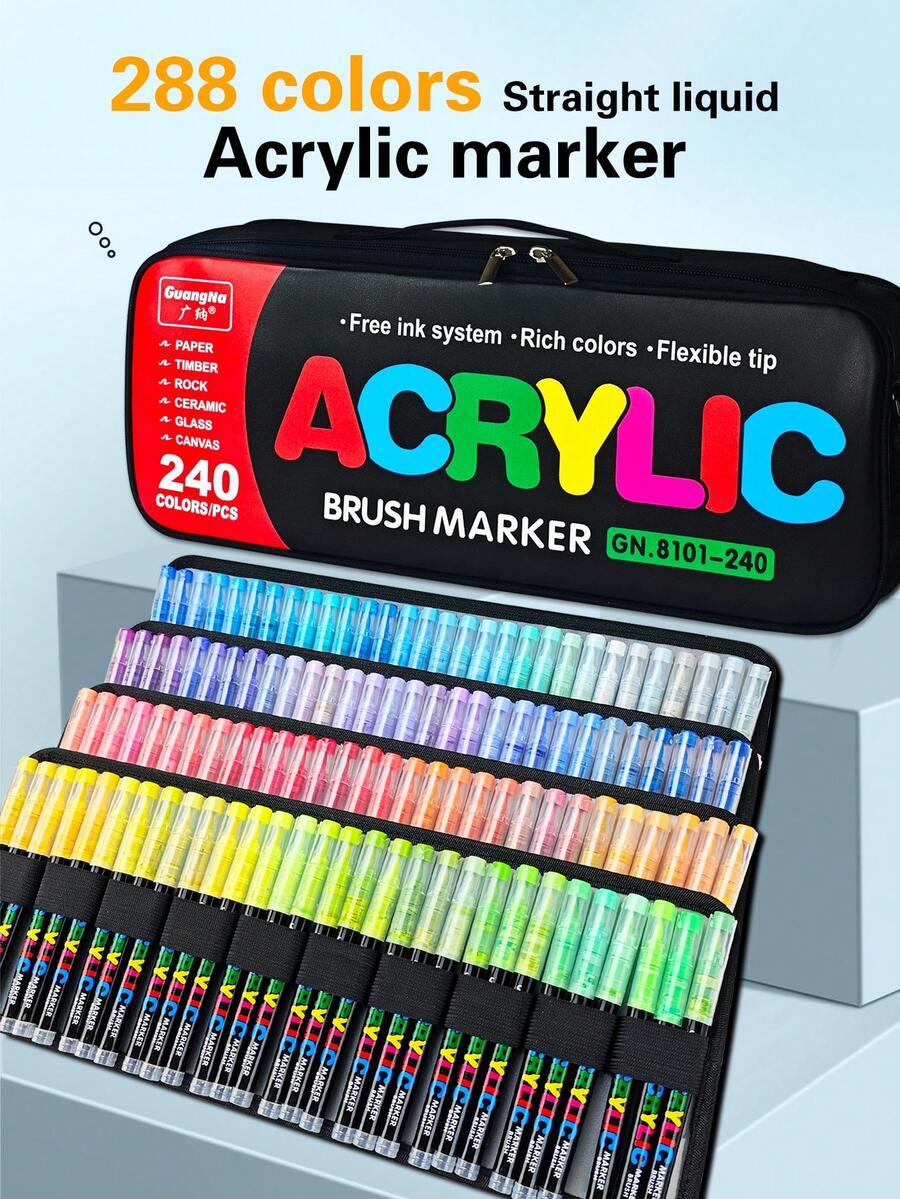12pcs/Pack Solid Color Liquid Acrylic Markers, Straight Tip Design, Suitable For Rock Painting, Canvas, Tires, Wood, Metal, Plastic, Fabric, Glass, Ceramic And DIY Crafts. Quick-Drying Water-Based Marker Set, Total 288 Colors - Straight Liquid Marker - View 1