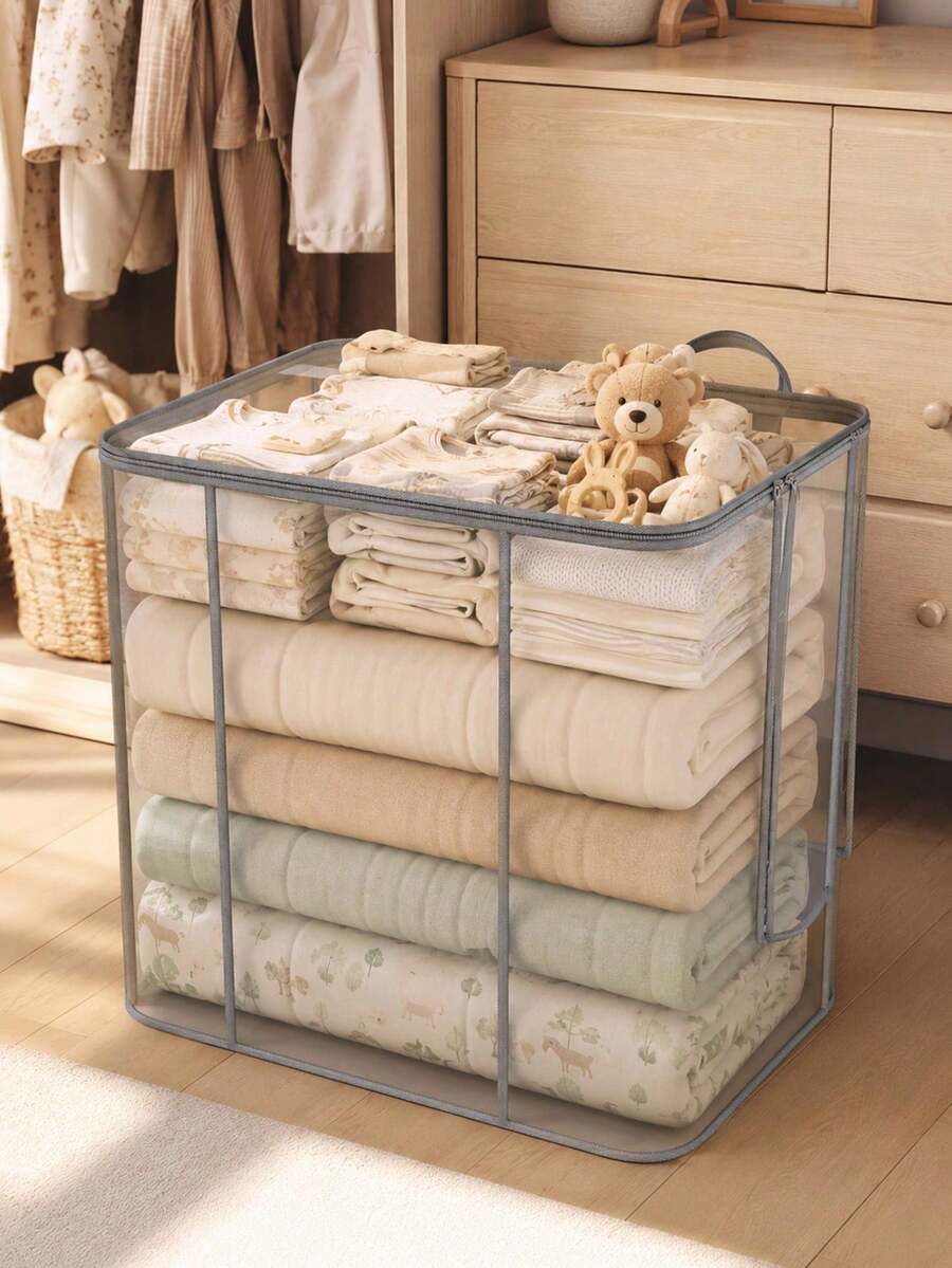 1pc Foldable Storage Bin With Handle, Large Capacity Breathable Zipper Storage Bucket, Suitable For Bedding, Sheets, Clothes, Blankets And Toys, Space-Saving For Closet, Home, Bedroom, Dorm, Also Can Be Used As Laundry Basket Or Toy Storage Bin - Multicolor - View 1