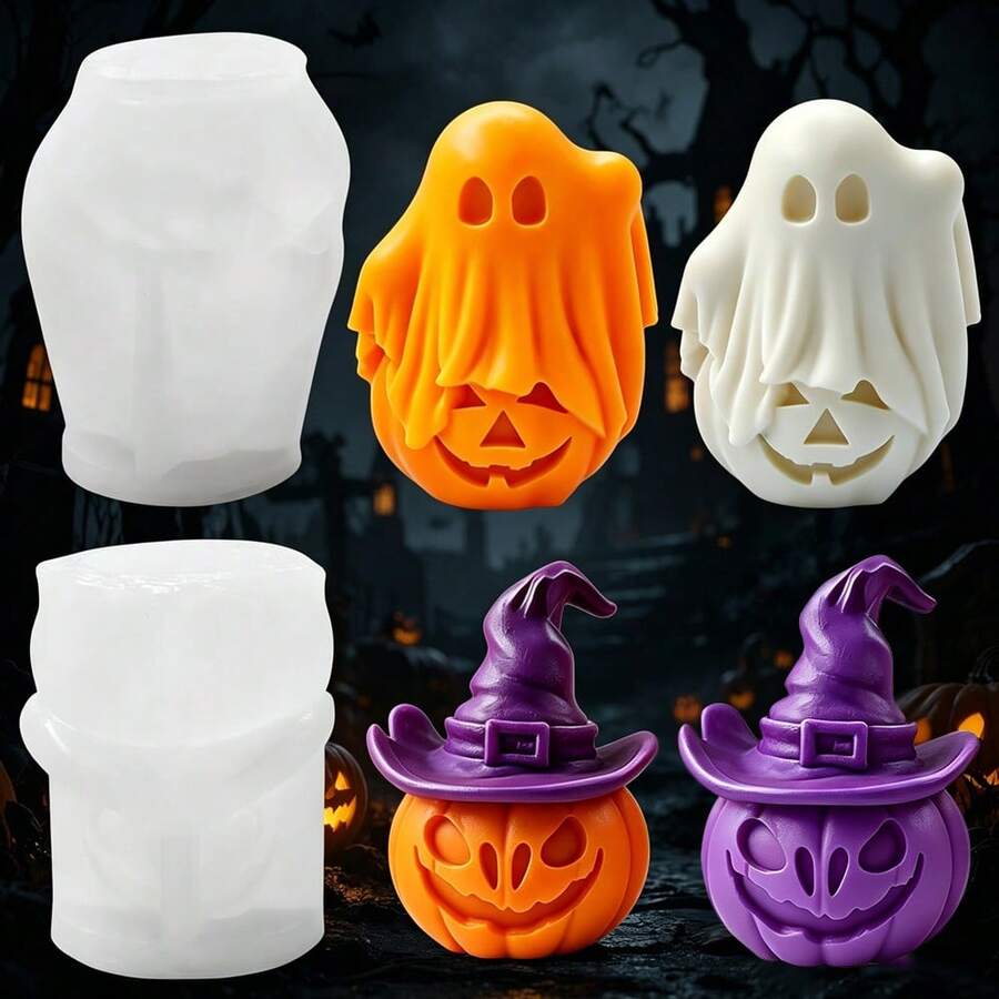 2pcs Halloween Ghost Pumpkin Witch Hat Silicone Candle Mold, Halloween Plaster Aromatherapy Ornament Silicone Mold - White - View 1