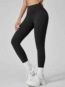 NcmRyu Women's 1pc Solid Color High Waist Minimalist Butt-Flattering Tummy Control Running Workout Leggings, Autumn/Winter - Black - View 6