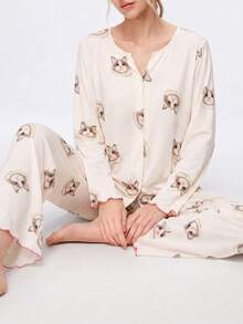 2pcs/Set Women's Pajamas Loungewear Set, Cardigan Cute Cat Print Fashion Long Sleeve Long Pants, Easy Care Fabric - Champagne - View 3