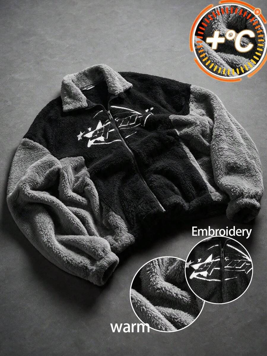 Lurzo Teen Boys Autumn/Winter Y2K Street Style Plush Fleece Zip-Up Jacket, Contrast Color Embroidery Design, Racing Style, Back To School Outfit - Black - View 1