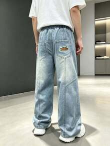 Young Boy Casual Letter Embroidered Straight Leg Jeans - Blue - View 2