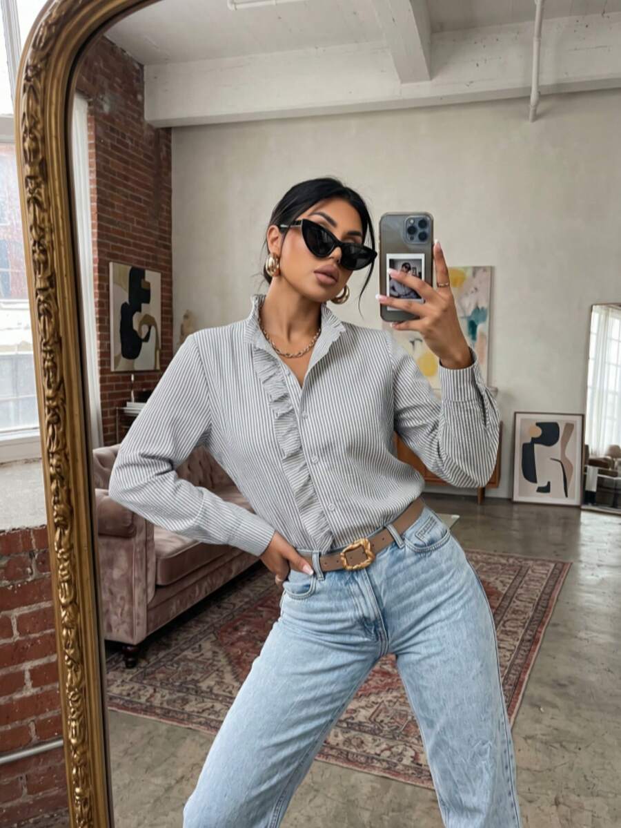 Plus Size Women's Woven Striped Button Front Shirt, Stand Collar Long Sleeve Ruffle Blouse - Black - View 1