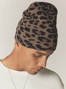 Leopard Print Knit Beanie Hat Slouchy Unstructured Fit Animal Print Winter Skull Cap Cozy Fall Cold Weather Headwear - Multicolor - View 1