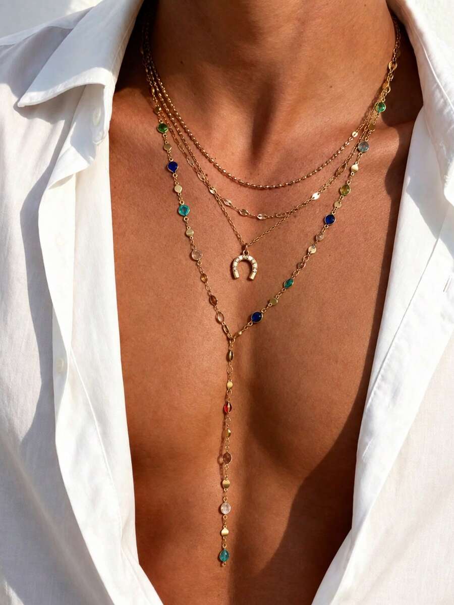 4pcs Bohemian Y-Shaped Layered Necklace Set, Colorful Rhinestone U-Shaped Pendant, Versatile Couple Accessory For Autumn/Winter Travel, Daily Wear And Holiday Gift - Gold - View 1