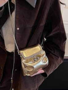 Premium Textured Metal Gold Clasp Mini Bag, Soft Pleated Chain Crossbody Evening Handbag - Gold - View 6