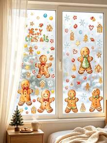 2/4pcs Christmas Gingerbread Man Window Decals, Removable Christmas Wall Stickers, Snowflake Candy House Stickers, "Merry Christmas" Window Decor, Suitable For Home Glass Doors, Holiday Parties, Reusable, Fit For Bedroom And Store Windows. - Multi-color - View 1