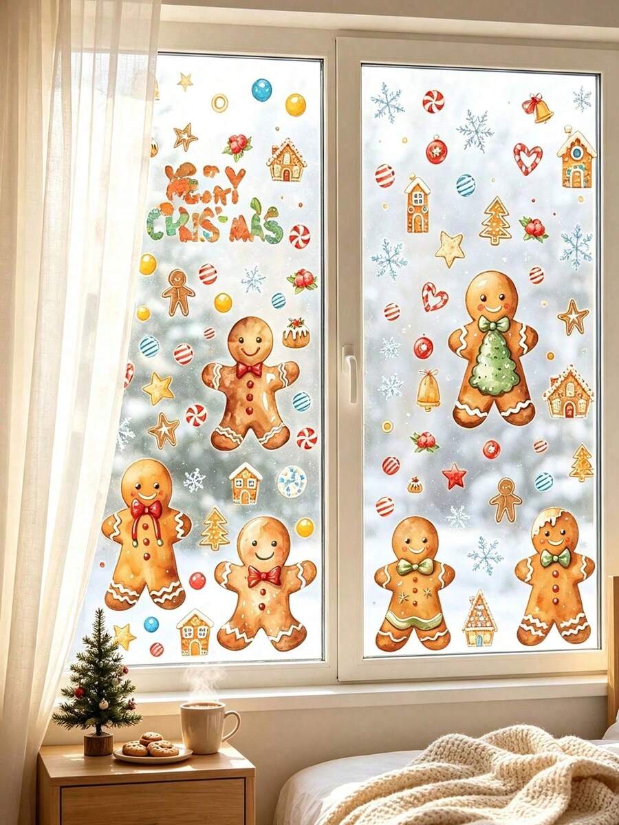 2/4pcs Christmas Gingerbread Man Window Decals, Removable Christmas Wall Stickers, Snowflake Candy House Stickers, "Merry Christmas" Window Decor, Suitable For Home Glass Doors, Holiday Parties, Reusable, Fit For Bedroom And Store Windows. - Multi-color - View 1