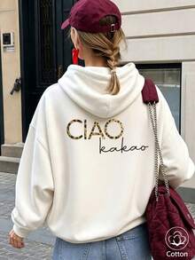Unisex Casual Streetwear Hoodie: Loose Drop-Shoulder Fit, Breathable Cotton, Back Leopard 'CIAO' & Black '' Print, Spring Autumn Daily Wear - White - View 3