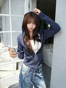 Korean Style Retro Solid Color Casual Versatile Zip-Up Slimming Hooded Sweatshirt Jacket For Women - Royal Blue - View 4