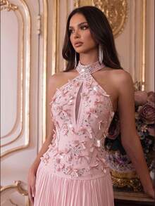 Modphy Women's New Heavy Rhinestone Halter Neck Backless White Maxi Dress, Waist-Cinching Design, Suitable For Holidays, Weddings, Parties And Formal Events - Pink - View 2