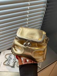 Premium Textured Metal Gold Clasp Mini Bag, Soft Pleated Chain Crossbody Evening Handbag - Gold - View 3