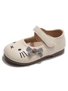 1 Pair Girls' Cartoon Embroidered Mary Jane Shoes, Hook And Loop Soft Sole Non-Slip Low Vamp Casual Versatile Princess Shoes - Beige - View 3
