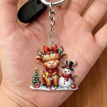 1pc Creative Cute 2D Acrylic Highland Cow Snowman Car Rearview Mirror Hanging Ornament, Christmas Tree Decoration Pendant, Keychain Charm, Christmas Small Gift - Christmas Highland Cow Ornament - View 5