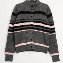Autumn Contrast Color Striped Button-Up Cardigan With Faux Collar, Suitable For Thanksgiving Weekend Parties, Daily Dates And Casual Outings - Grey - View 4