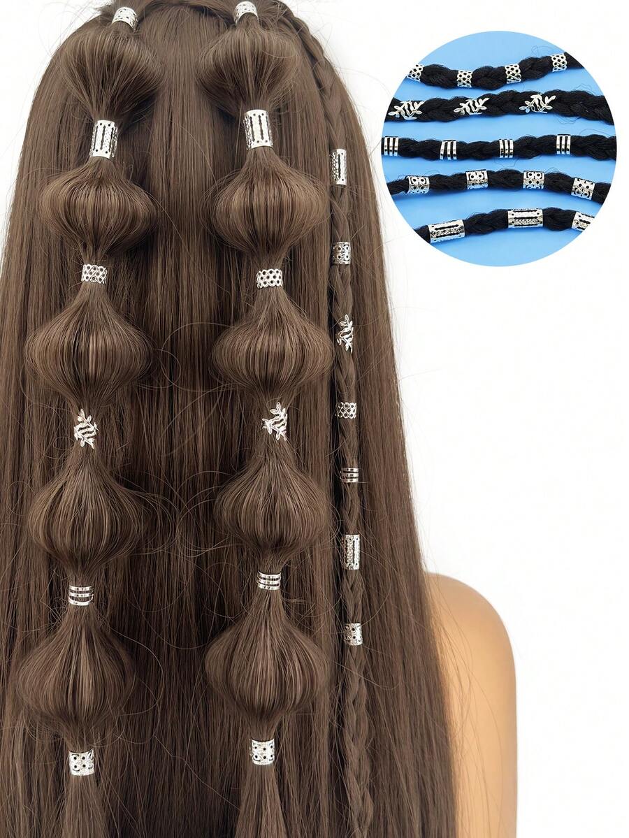 50pcs Silver Hair Jewelry Metal Braid Rings Loc Jewelry Dreadlock Accessories Hair Cuffs Clips(Shaped-Leaf,) Charms Braid Accessories For Braids - Silver - View 1