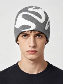 1pc Twisted Jacquard Knit Beanie Hat, Elastic Warm Unisex Pullover Cap, Street Style Daily Wear - Multicolor - View 5