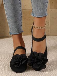 Women's Fashion 3D Flower Decor Strap Ballet Flats, Round Toe Slip-On, Daily Commute & Party Shoes - Black - View 3