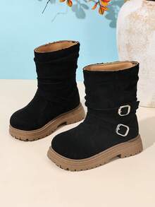 Girls' Korean Style Vintage Square Buckle Mid-Calf Boots - Black - View 2