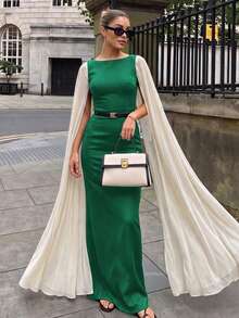 New Arrival Women's Color Block Square Neck Elegant Fitted Long Dress, Spring/Summer - Green - View 1