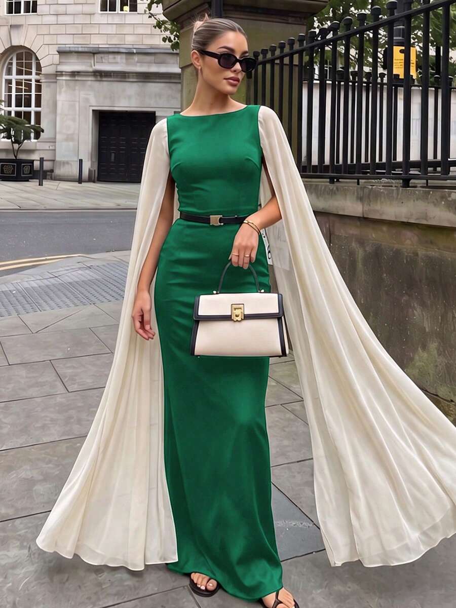 New Arrival Women's Color Block Square Neck Elegant Fitted Long Dress, Spring/Summer - Green - View 1