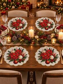 Set Of 2/4/6 Red Poinsettia And Bell Christmas Placemats – Festive Holiday Table Decor; Linen Placemats Featuring Poinsettia Floral Designs; Suitable For Christmas Table Settings And Year-Round Use. - Multicolor - View 2