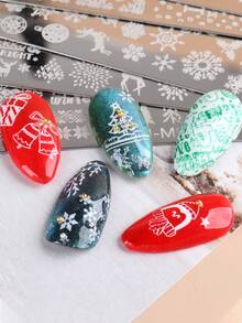 5pcs Christmas Theme Nail Art Stamping Plates, Winter Snowflake Snowman Christmas Tree Bell Gift Box Design Nail Art Templates, Reusable Stainless Steel Nail Art Tools, DIY Nail Art Printing Templates Nail Art Tools - Silver - View 7