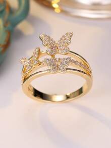 1pc Creative Three Butterfly Inlaid White Cubic Zirconia Gold Plated Yellow Stackable Ring For Women, Suitable For All Special Occasions Throughout The Year, Enhance Your Charm - White - View 2