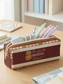 1pc Thanksgiving Pumpkin & Stripes Print Corduroy Pencil Case, Zipper Large Capacity Stationery Storage Pouch For Student School Daily Study - Multicolor - View 5