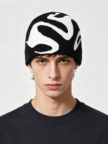 1pc Twisted Jacquard Knit Beanie Hat, Elastic Warm Unisex Pullover Cap, Street Style Daily Wear - Multicolor - View 4