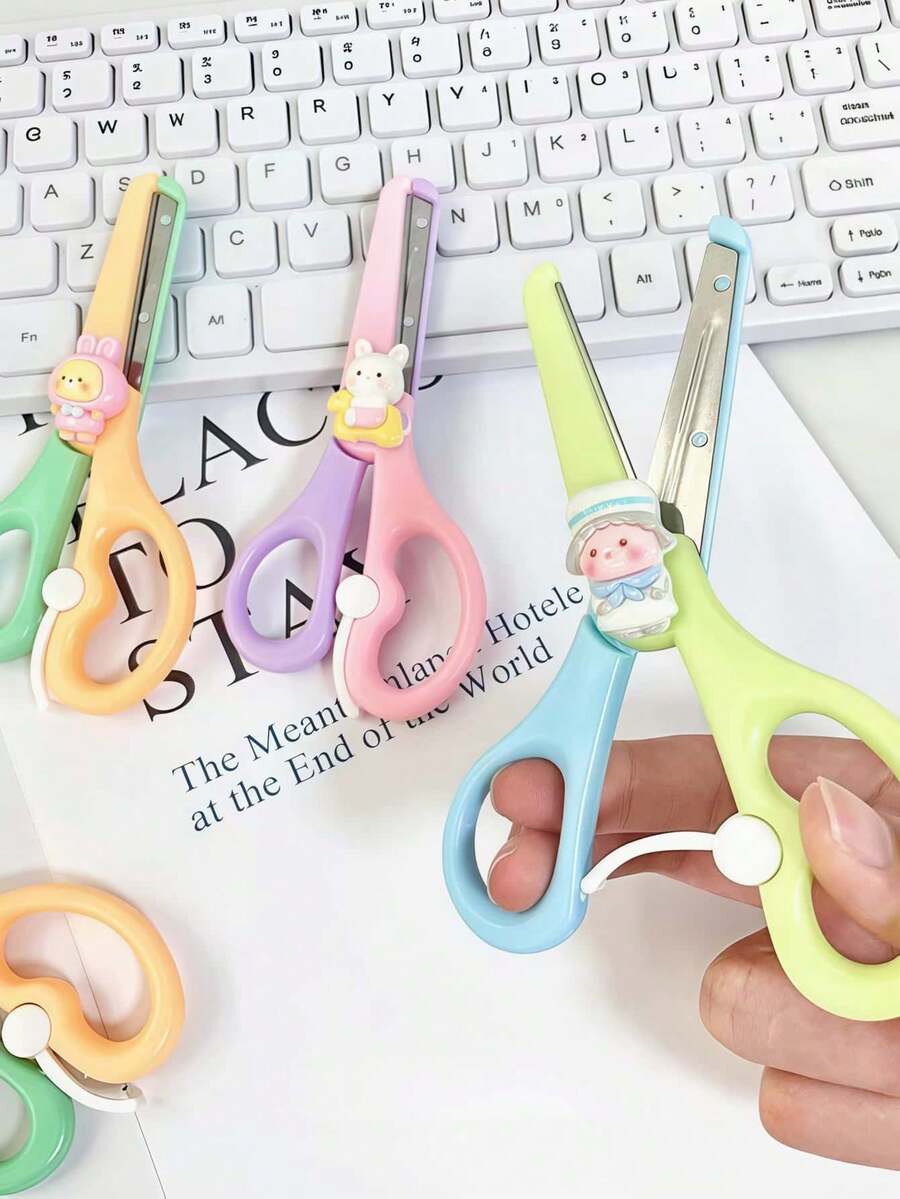 1pc/3pcs Cartoon Resin Plastic Scissors, Random Color And Style, Children's Craft Cutting Tool, DIY Animal Patch Decoration Scissors, Round Head Small Knife, Stainless Steel Small Scissors, Practical Reward Gift Stationery, Office, Home, School Helper, Suitable For Office And School Use, Back To School Essential, Paper Scissors, Office Supplies - Multicolor - View 1