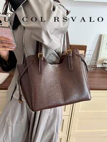 1pc Solid Color PU Leather New Women's Backpack, Shoulder Bag, Tote Bag, Autumn/Winter New, Zipper Closure, Fashionable Large Capacity Bucket Bag, Suitable For Commuting, Shopping, Dating - Coffee - View 7