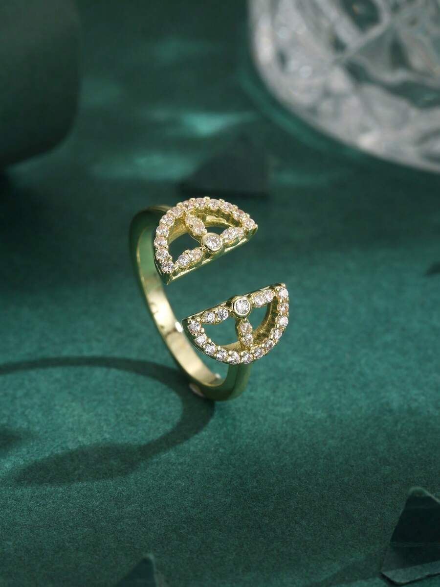 1pc High Quality European & Middle Eastern Cubic Zirconia Copper Plated 18K Gold Clover Lemon Slice Starry Sky Luxury Open Ring, Women's Gift For Daily Wear - Yellow Gold - View 1
