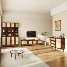 Dining Room Furniture Set With TV Stand, Sideboard, And Display Cabinet, MDF Body, Slatted Front, Black Handles, And Metal Legs – Modern Living Room Set - Walnut - View 2