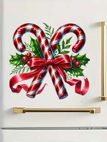 1pc Christmas Candy Cane And Holly Leaf Berry Red Bow Pattern PVC Material Home Wall Bathroom Toilet Decoration Sticker, Suitable For Christmas Holiday Atmosphere Decoration Of Walls, Cabinets, Refrigerators, Toilet Lids And Other Scenes - A - View 7
