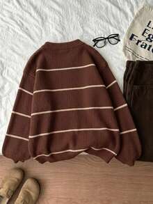 1pc Girls/Teenagers Round Neck Knitted Sweater Striped Contrast Color Design Autumn/Winter - Brown - View 6