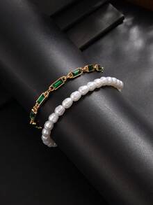 2pcs/Set French Vintage Emerald Green Square Rhinestone & Pearl Bracelet, Gold Chain Layered Hand Jewelry, Casual Daily Accessory For Back To School Season, Gift - 2pcs - View 6