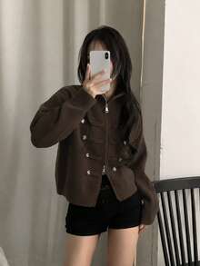 Vintage Style Autumn/Winter New Women's Knit Cardigan Sweater With Stand Collar, Double Zipper And Button Design, Thick Loose Fit, Slimming Versatile Outerwear - Coffee Brown - View 4