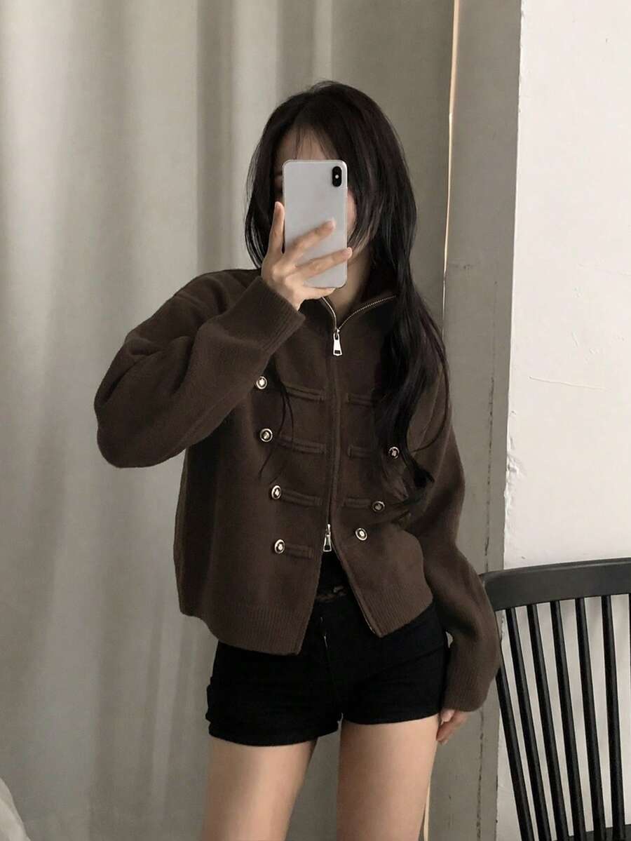Vintage Style Autumn/Winter New Women's Knit Cardigan Sweater With Stand Collar, Double Zipper And Button Design, Thick Loose Fit, Slimming Versatile Outerwear - Coffee Brown - View 1