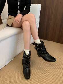 法式博主風尖頭寬筒及膝靴，北歐風小貓跟女款騎馬靴，INS風格 - 黑色 - 查看 4