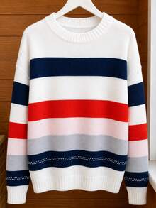 Atasan Rajut Wanita Ukuran Besar Musim Gugur Musim Dingin Leher Bulat Lengan Panjang Motif Garis-Garis Blok Warna - MultiWarna - View 3