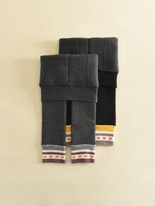 2pcs Thickened Baby Leggings With Heart Pattern, Children's Tights, Long Pants, Warm And Comfortable, Girls' Tights, Autumn/Winter - Multicolor - View 5