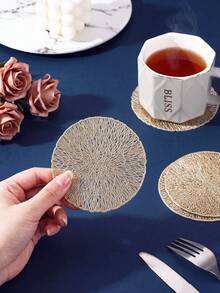 6-30pcs Gold PVC Round Coasters, Minimalist Style Coffee Cup Coasters, Washable, Easy To Clean, Wipeable, Non-Slip, Heat-Resistant, Suitable For Room Decor, Table Decor, Home Decor, Party Decor, Suitable For Holidays, Parties, Gatherings, Birthdays, Weddings, Gifts, Presents, Dinner Parties, Outdoor, Picnics. - Gold - View 2
