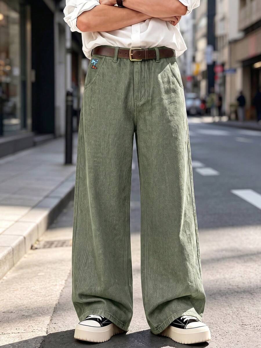 1件复古美式男士宽松阔腿棕色牛仔裤，卡通大象刺绣，男女通用（不含腰带和配饰）