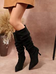 New Women's Fashion Elegant Pointed Toe High Heel Slouch Boots With Inner Zipper Knee-High Slimming Boots - Black - View 5