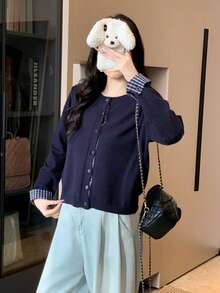 Women's Autumn/Winter Patchwork Plaid Knit Cardigan, Round Neck Long Sleeve Cardigan Top - Navy Blue - View 7